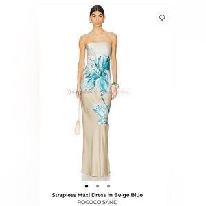 Rococo Sand Beige Maxi Dress with Teal Floral Design